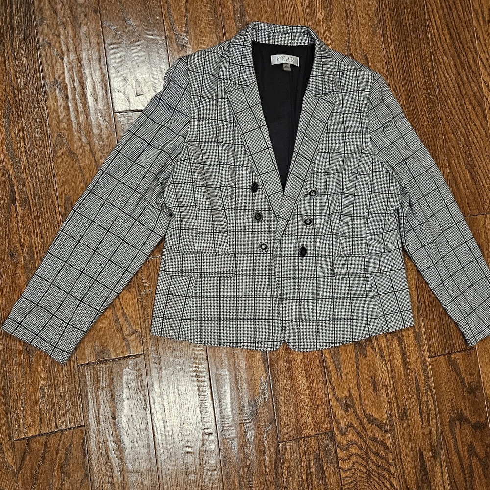Kasper Open-Front, 6-Button Blazer; Black/Gray, Size 18
